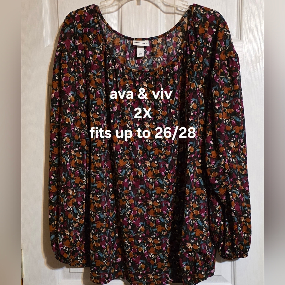 Ava & Viv Black Floral Peasant Top with Multicolor Blooms